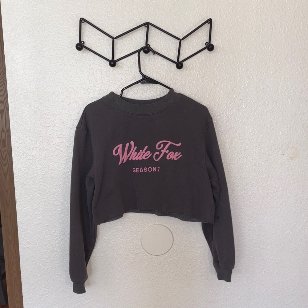 White Fox Boutique Charcoal Cropped Sweatshirt with Pink Logo